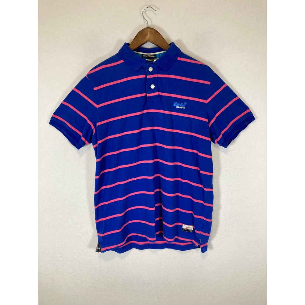 Vibrant Superdry Mens XXL Blue Pink Miami Stripe Polo Short Sleeve Cotton Shirt